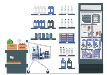 Trolley buying variety of food in grocery store. Goods in shelves of supermarket, standing in aisle flat vector illustration. Hypermarket department, consumerism concept. 972