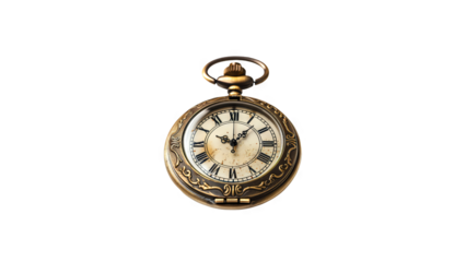 Gold vintage pocket watch with beautiful dial and chain isolated on black background