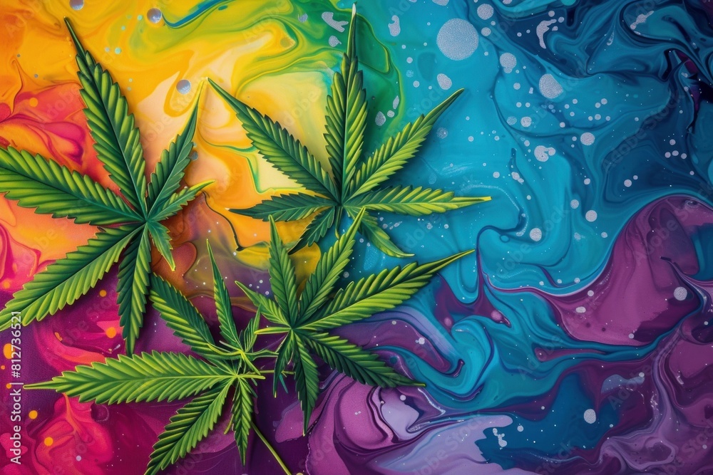 Canvas Prints Artistic image showcasing green cannabis leaves atop a flowing multicolored psychedelic backdrop