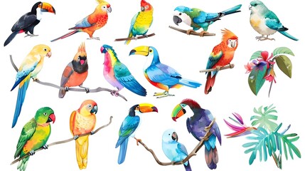 Obraz premium Diverse Tropical Birds Perched on Branches with Lush Foliage