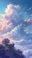 Dreamlike Landscape with Ethereal Cloud Formations and Vibrant Sunset Hues