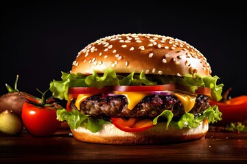 large hamburger with lettuce, tomato, and onions on a wooden table