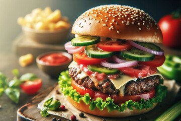 large hamburger with lettuce, tomatoes, onions, and pickles