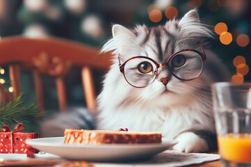 cat wearing glasses is sitting at a table with a plate of food