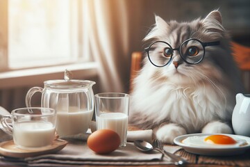 cat wearing glasses is sitting on a table with a glass of milk