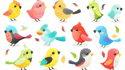 Fototapeta premium Cute Cartoon Birds Set Colorful Whimsical Natural Chicks Parrots Wildlife Icons Digital Graphic Flat Design Ornament Fun Cheerful Collection Isolated
