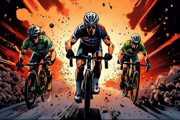 Three men are riding bikes in a race, with one man in middle