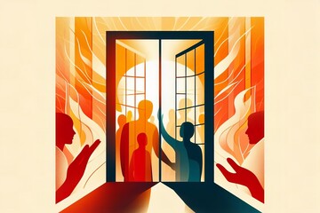painting of a group of people gathered around a window with a fire behind them