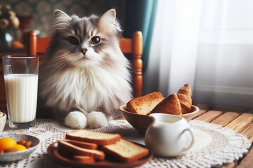 cat is sitting on a table with a bowl of milk and a plate of bread