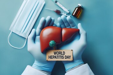 person is holding a liver and a sign that says World Hepatitis Day