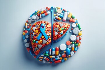 colorful pill shaped like a heart with a ribbon around it