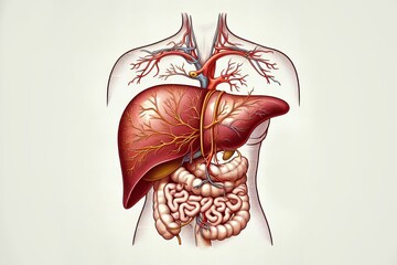 drawing of a human body with a red liver and red veins
