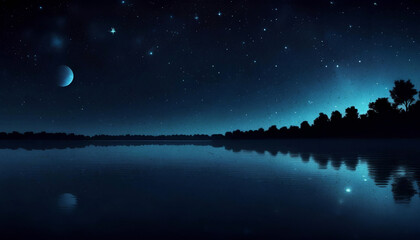 Night starry sky over the river. Atmosphere, panoramic view