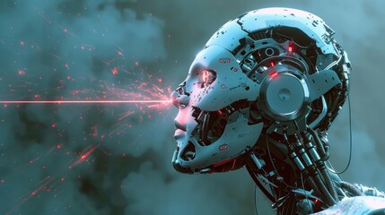 Extreme transmission overload image of cyborg from science fiction with metallic body and laser beam coming out of head