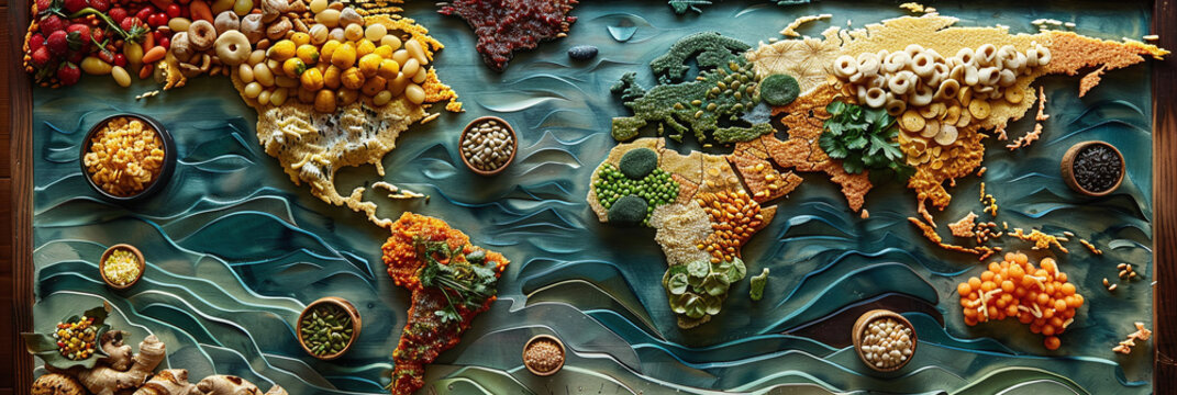 Creative maps with famous culinary destinations, regional cuisines and iconic landmarks from around the world