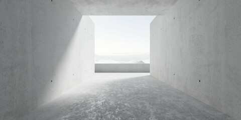 Abstract empty, modern concrete room with opening to cloudy mountain view and balcony and rough floor - industrial interior background template
