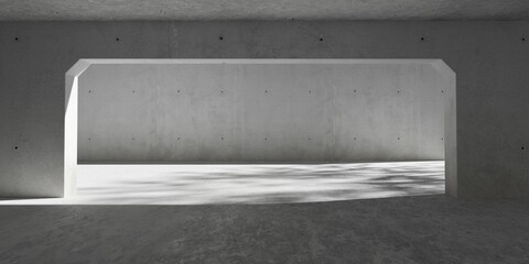 Abstract empty, modern concrete room with wide doorway opening to courtyard with tree shadow and rough floor - industrial interior background template