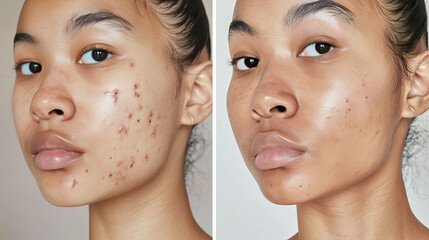Transformation of Facial Skin Before and After Natural Acne Remedies, Revealing Clearer and Healthier Complexion with Aloe Vera and Tea Tree Oil.