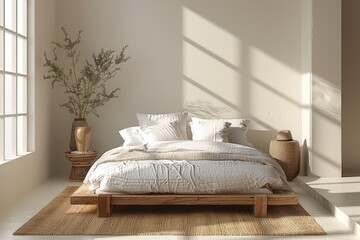 Minimalist Bedroom Retreat: A mockup of a minimalist bedroom retreat with a platform bed, minimalist bedding, and minimalistic decor accents