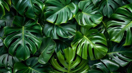 Fototapeta premium Monstera leafs background suitable for wallpaper or to represent as backdrop or mockup.