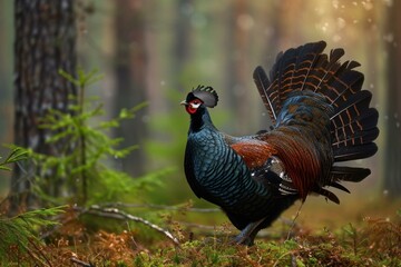 Fototapeta premium Black grouse shows off its impressive plumage in the tranquility of a dense forest