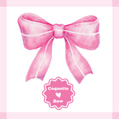 Cute coquette aesthetic pink bow in vintage ribbon style watercolor