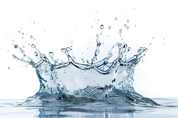 A drop of water creates a crown shape as it splashes into the water. The background is white.