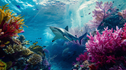 Fototapeta premium A lone shark cruises through a mesmerizing underwater landscape of vivid corals and sunbeams in the ocean depths.