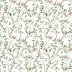 Seamless leaves with pink roses clover pattern with abstract floral background with watercolor texture in green. Flower garden prepared for textile digital printing or card