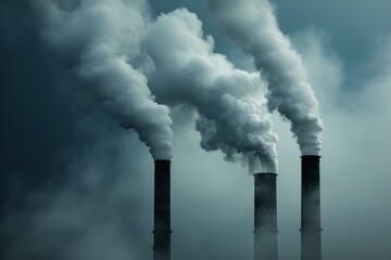 Dramatic image of smoke billowing from power plant chimneys against a dark sky