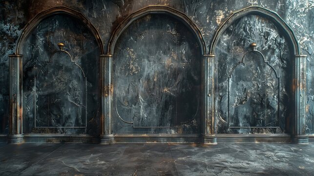 Luxurious Gothic Wall Backdrop with Pointed Arches, Detailed Stonework, and Silver Leafing, Creating a Mystical and Dramatic Atmosphere for Thematic Events and Film Sets.