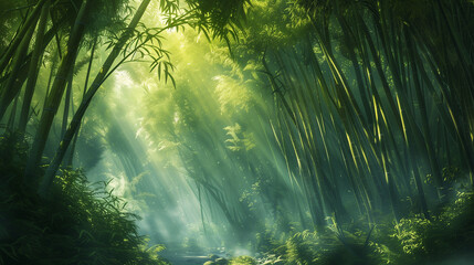 A forest with trees and sunlight shining through the leaves