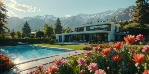 wallpaper representing a superb modern villa, with a sublime swimming pool, surrounded by a flower bed. Magnificent mountains in the background