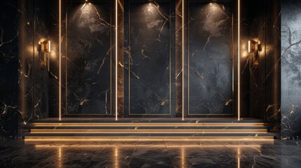 Contemporary Minimalist Art Deco Luxury Wall Design with Gold Inlays on Dark Marble, Ideal for High-End Modern Environments.