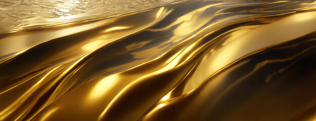 Waves of smooth, golden material reflect light beautifully. The metallic surface undulates gently, resembling liquid gold. The shimmering texture emphasizes a luxurious, fluid appearance.