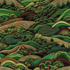 Obraz premium Abstract Dot-Painted Landscape with Rolling Hills and Trees