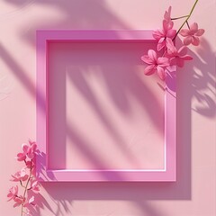 A pink square frame with a shadow with flowers in background.