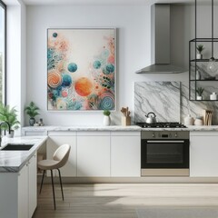 A kitchen have mockup poster empty white with white cabinets and a large painting image art lively used for printing card design illustrator.