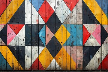 Vibrant Patchwork Geometric Wall Design with Reclaimed Wood for Editorial Fashion Shoots, Defying Traditional Styles.