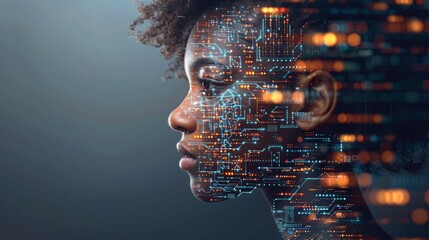 Future ai workplace  black female cyber security analyst with tech pattern overlay