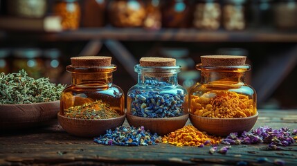 Various herbs and spices stored in glass jars are neatly arranged on a rustic wooden table