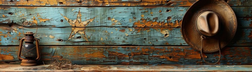 Obraz premium Authentic Western Saloon Wooden Wall with Aged Panels, Bullet Marks, and Wanted Posters, Evoking Old West Ambiance with Lantern and Cowboy Hat.