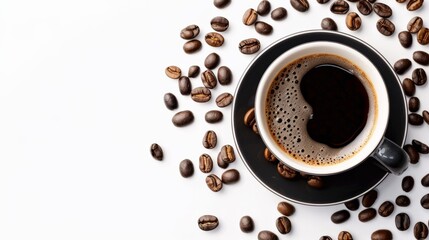 Black coffee in a black cup on a white background with coffee beans scattered around.