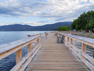New wooden boardwalk along the waterfront on Okanagan lake
