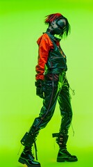 Obraz premium 3D illustration of cyberpunk character on green screen. cyborg, humanoid, robot.