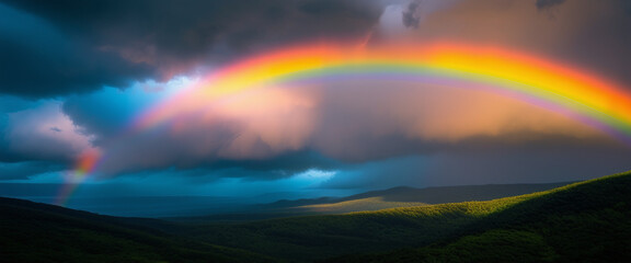 A dramatic rainbow arcs across a stormy sky, a beautiful contrast of weather and color