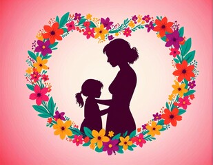 Mother's Day, Mother and Daughter Silhouette with Floral Heart. Generative AI.