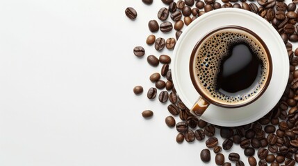 Coffee cup and coffee beans on white background.