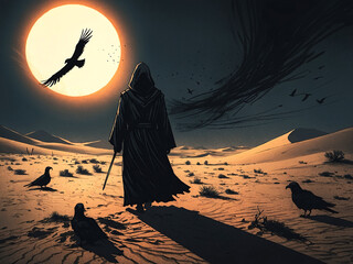 Artwork of a Reaper in the Desert With Crows and Moon In The Background, AI Generative