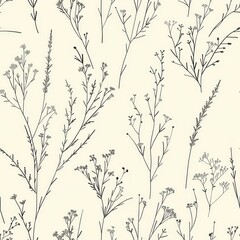 Elegant Monochrome Floral Pattern with Delicate Botanical Illustrations